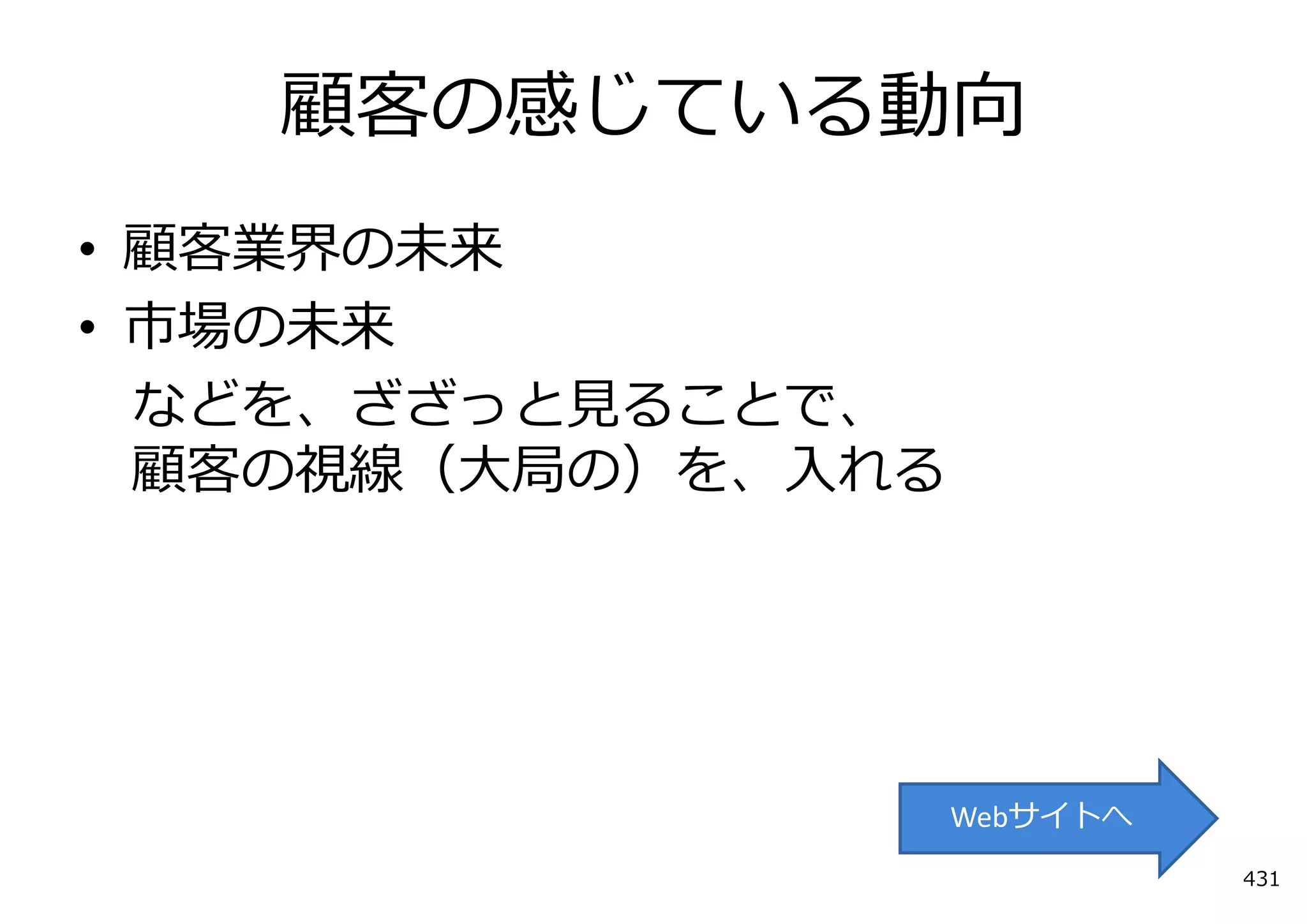 顧客の感じている動向
• 顧客業界の未来
• 市場の未来
  などを、ざざっと⾒ることで、
  顧客の視線（⼤局の）を、⼊れる




                    Webサイトへ
                              431
 