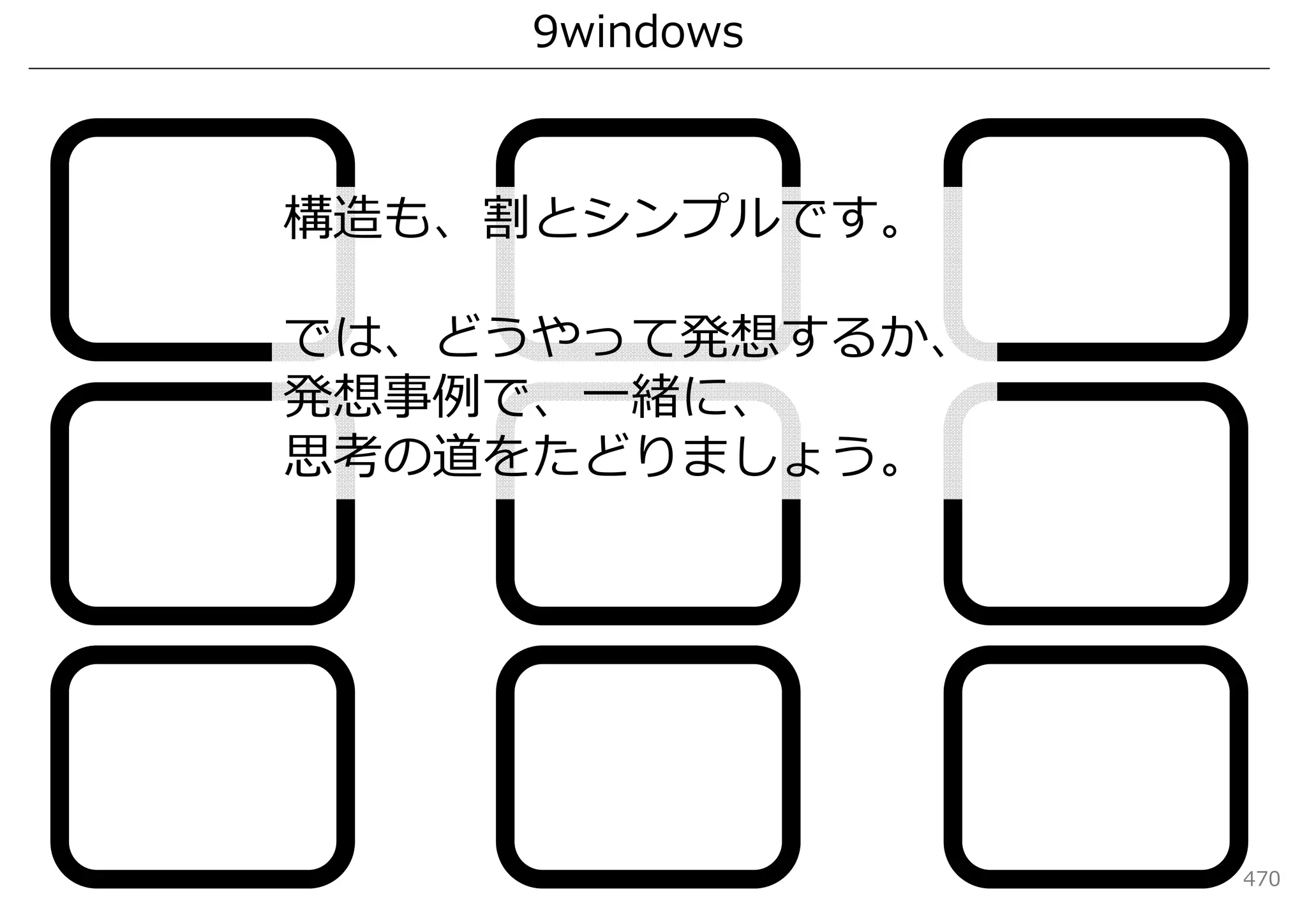 9windows



構造も、割とシンプルです。

では、どうやって発想するか、
発想事例で、⼀緒に、
思考の道をたどりましょう。




                 470
 