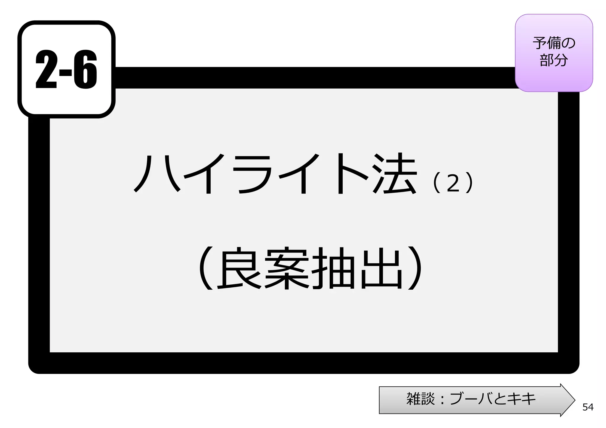 予備の

2-6                 部分




      ハイライト法（２）

      （良案抽出）

            雑談：ブーバとキキ     54
 