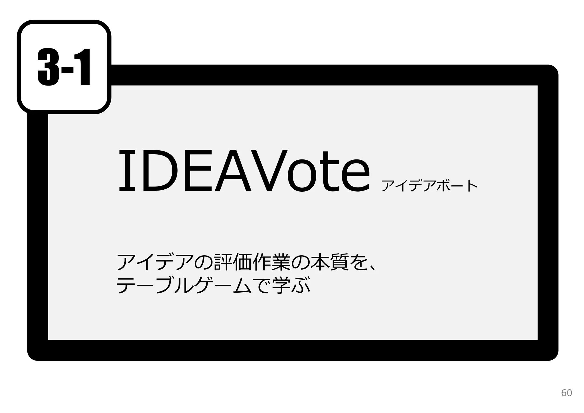 3-1

      IDEAVote     アイデアボート




      アイデアの評価作業の本質を、
      テーブルゲームで学ぶ




                             60
 