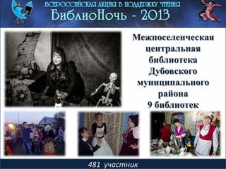 481 участник
Межпоселенческая
центральная
библиотека
Дубовского
муниципального
района
9 библиотек
 