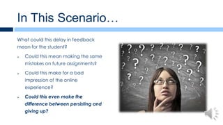 In This Scenario…
What could this delay in feedback
mean for the student?

   Could this mean making the same
    mistakes on future assignments?

   Could this make for a bad
    impression of the online
    experience?

   Could this even make the
    difference between persisting and
    giving up?
 