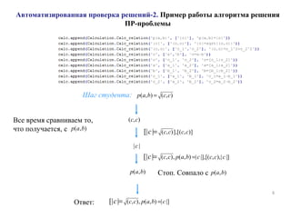 Автоматизированная проверка решений-2. Пример работы алгоритма решения
ПР-проблемы
6
Шаг студента:
Стоп. Совпало с
Ответ:
Все время сравниваем то,
что получается, с
( , ) ( , )p a b c c=
( , )p a b
( , )c c
( , )],[( , )][| | c c c cc =
| |c
( , )p a b ( , )p a b
( , ), ( , ) | |],[( , ),| |][| | c c p a b c c c cc ==
( , ), ( , ) | |][| | c c p a b cc ==
 