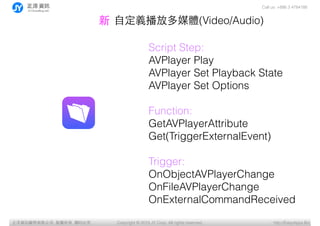 Call us: +886 3 4784188
Copyright ? 2015 JY Corp. All rights reserved. http://EasyApps.BizYӍ޹˾, , ӡؾ
Script Step:
AVPlayer Play
AVPlayer Set Playback State
AVPlayer Set Options
Function:
GetAVPlayerAttribute
Get(TriggerExternalEvent)
Trigger:
OnObjectAVPlayerChange
OnFileAVPlayerChange
OnExternalCommandReceived
?ԶxŶýw(Video/Audio)
 