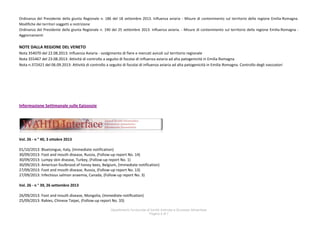 Dipartimento funzionale di Sanità Animale e Sicurezza Alimentare
Pagina 6 di 7
Ordinanza del Presidente della giunta Regionale n. 186 del 18 settembre 2013. Influenza aviaria - Misure di contenimento sul territorio della regione Emilia-Romagna.
Modifiche dei territori soggetti a restrizione
Ordinanza del Presidente della giunta Regionale n. 190 del 25 settembre 2013. Influenza aviaria. - Misure di contenimento sul territorio della regione Emilia-Romagna -
Aggiornamenti
NOTE DALLA REGIONE DEL VENETO
Nota 354070 del 22.08.2013: Influenza Aviaria - svolgimento di fiere e mercati avicoli sul territorio regionale
Nota 355467 del 23.08.2013: Attività di controllo a seguito di focolai di influenza aviaria ad alta patogenicità in Emilia Romagna
Nota n.372421 del 06.09.2013: Attività di controllo a seguito di focolai di influenza aviaria ad alta patogenicità in Emilia Romagna. Controllo degli svezzatori
Informazione Settimanale sulle Epizoozie
Vol. 26 - n ° 40, 3 ottobre 2013
01/10/2013: Bluetongue, Italy, (Immediate notification)
30/09/2013: Foot and mouth disease, Russia, (Follow-up report No. 14)
30/09/2013: Lumpy skin disease, Turkey, (Follow-up report No. 1)
30/09/2013: American foulbrood of honey bees, Belgium, (Immediate notification)
27/09/2013: Foot and mouth disease, Russia, (Follow-up report No. 13)
27/09/2013: Infectious salmon anaemia, Canada, (Follow-up report No. 3)
Vol. 26 - n ° 39, 26 settembre 2013
26/09/2013: Foot and mouth disease, Mongolia, (Immediate notification)
25/09/2013: Rabies, Chinese Taipei, (Follow-up report No. 33)
 