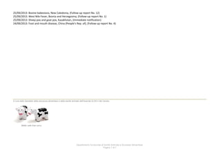 Dipartimento funzionale di Sanità Animale e Sicurezza Alimentare
Pagina 7 di 7
25/09/2013: Bovine babesiosis, New Caledonia, (Follow-up report No. 12)
25/09/2013: West Nile Fever, Bosnia and Herzegovina, (Follow-up report No. 1)
25/09/2013: Sheep pox and goat pox, Kazakhstan, (Immediate notification)
24/09/2013: Foot and mouth disease, China (People's Rep. of), (Follow-up report No. 4)
A cura dello Sportello della sicurezza alimentare e della sanità animale dell'Azienda ULSS 4 del Veneto.
Better safe than sorry.
 