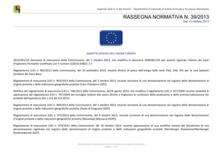 Azienda ULSS N. 4 del Veneto - Dipartimento funzionale di Sanità Animale e Sicurezza Alimentare

RASSEGNA NORMATIVA N. 39/2013
Del 15 ottobre 2013

GAZZETTA UFFICIALE DELL’UNIONE EUROPEA

2013/491/UE Decisione di esecuzione della Commissione, del 7 ottobre 2013, che modifica la decisione 2009/821/CE per quanto riguarda l’elenco dei posti
d’ispezione frontalieri [notificata con il numero C(2013) 6383] ( 1 )
Regolamento (UE) n. 962/2013 della Commissione, del 10 settembre 2013, recante divieto di pesca dell’aringa nelle zone VIaS, VIIb, VIIc per le navi battenti
bandiera dei Paesi Bassi
Regolamento di esecuzione (UE) n. 963/2013 della Commissione, del 2 ottobre 2013, recante iscrizione di una denominazione nel registro delle denominazioni di
origine protette e delle indicazioni geografiche protette [Carn d’Andorra (IGP)]
Rettifica del regolamento di esecuzione (UE) n. 768/2013 della Commissione, dell’8 agosto 2013, che modifica il regolamento (CE) n. 917/2004 recante modalità di
applicazione del regolamento (CE) n. 797/2004 del Consiglio relativo alle azioni dirette a migliorare le condizioni della produzione e della commercializzazione dei
prodotti dell’apicoltura (GU L 214 del 9.8.2013)
Regolamento di esecuzione (UE) n. 969/2013 della Commissione, del 2 ottobre 2013, recante iscrizione di una denominazione nel registro delle denominazioni di
origine protette e delle indicazioni geografiche protette [Pasta di Gragnano (IGP)]
Regolamento di esecuzione (UE) n. 972/2013 della Commissione, del 9 ottobre 2013, recante iscrizione di una denominazione nel registro delle denominazioni
d’origine protette e delle indicazioni geografiche protette [Μεσσαρά (Messara) (DOP)]
Regolamento di esecuzione (UE) n. 973/2013 della Commissione, del 10 ottobre 2013, recante approvazione di una modifica minore del disciplinare di una
denominazione registrata nel registro delle denominazioni di origine protette e delle indicazioni geografiche protette [Nürnberger Bratwürste/Nürnberger
Rostbratwürste (IGP)]

Dipartimento funzionale di Sanità Animale e Sicurezza Alimentare
Pagina 1 di 8

 
