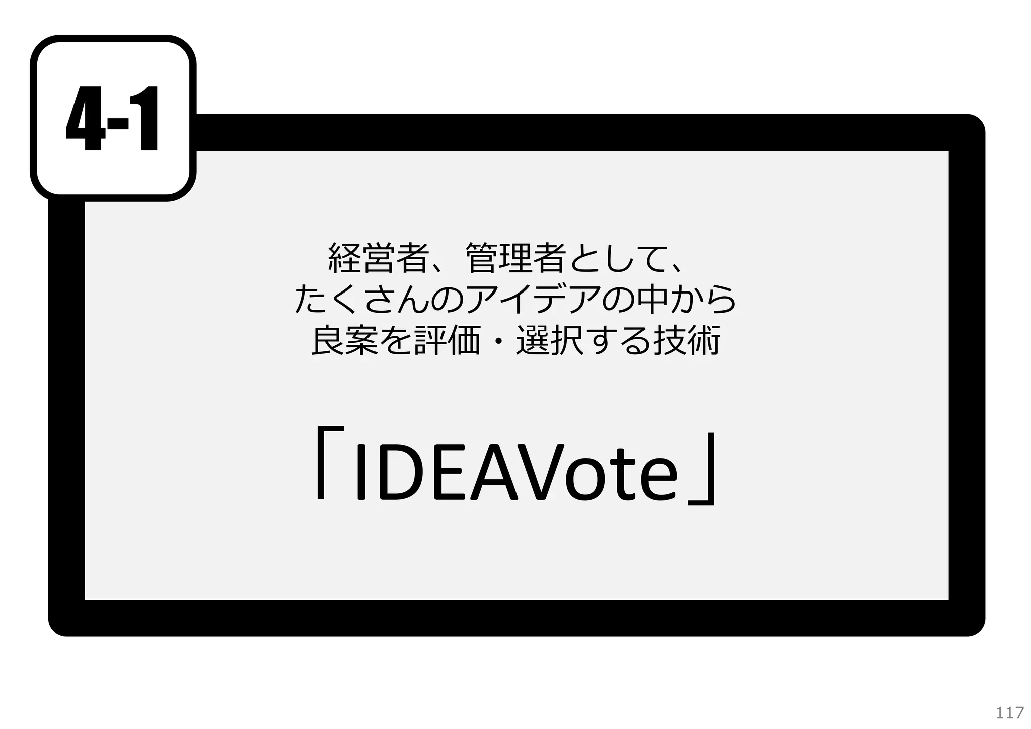 4-1
経営者、管理者として、
たくさんのアイデアの中から
良案を評価・選択する技術

「IDEAVote」
117

 
