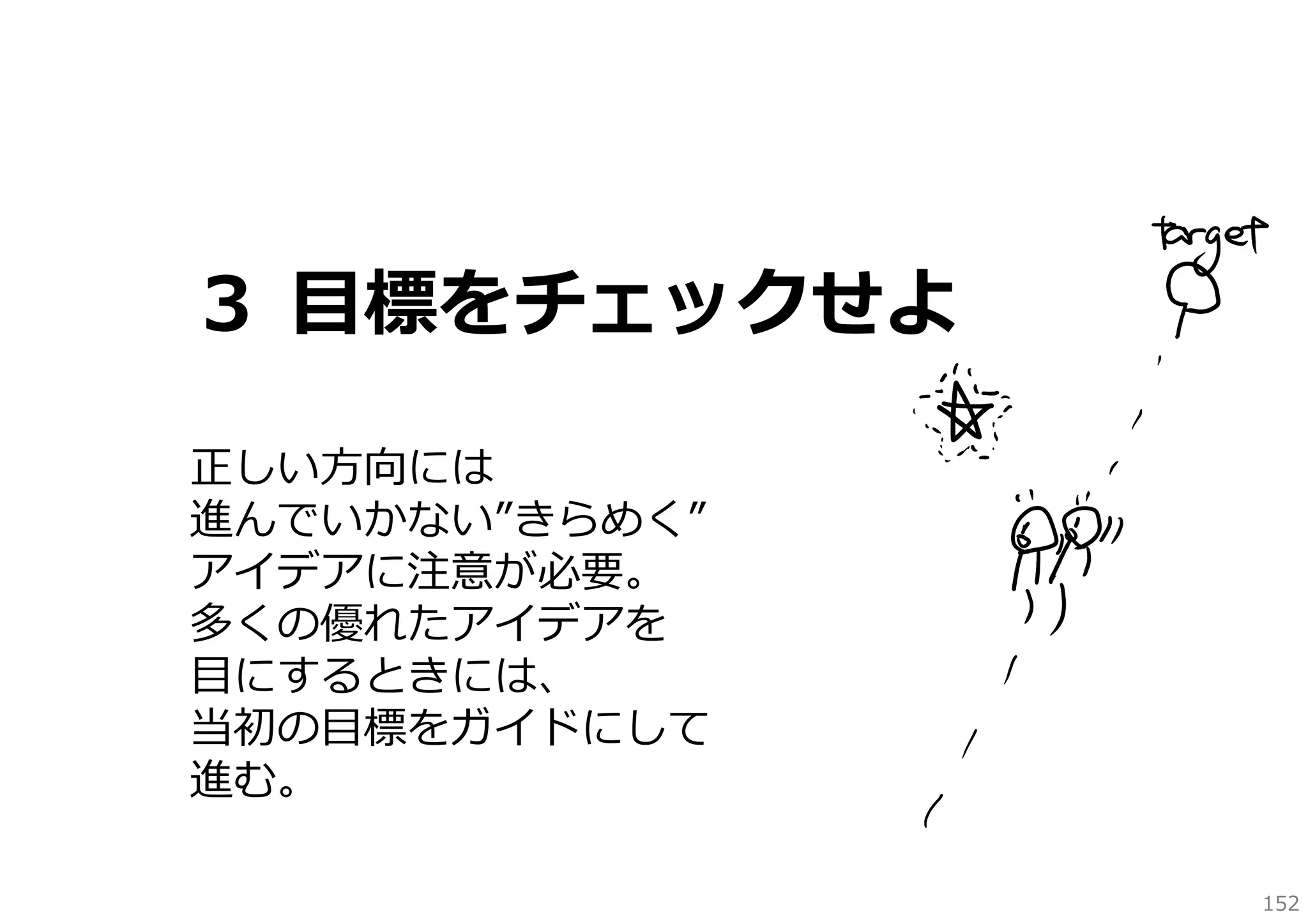 ３ ⽬標をチェックせよ
正しい⽅向には
進んでいかない”きらめく”
アイデアに注意が必要。
多くの優れたアイデアを
⽬にするときには、
当初の⽬標をガイドにして
進む。
152

 