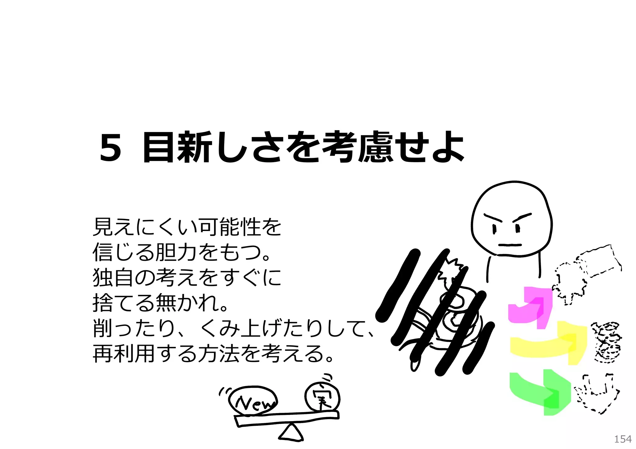 ５ ⽬新しさを考慮せよ
⾒えにくい可能性を
信じる胆⼒をもつ。
独⾃の考えをすぐに
捨てる無かれ。
削ったり、くみ上げたりして、
再利⽤する⽅法を考える。

154

 