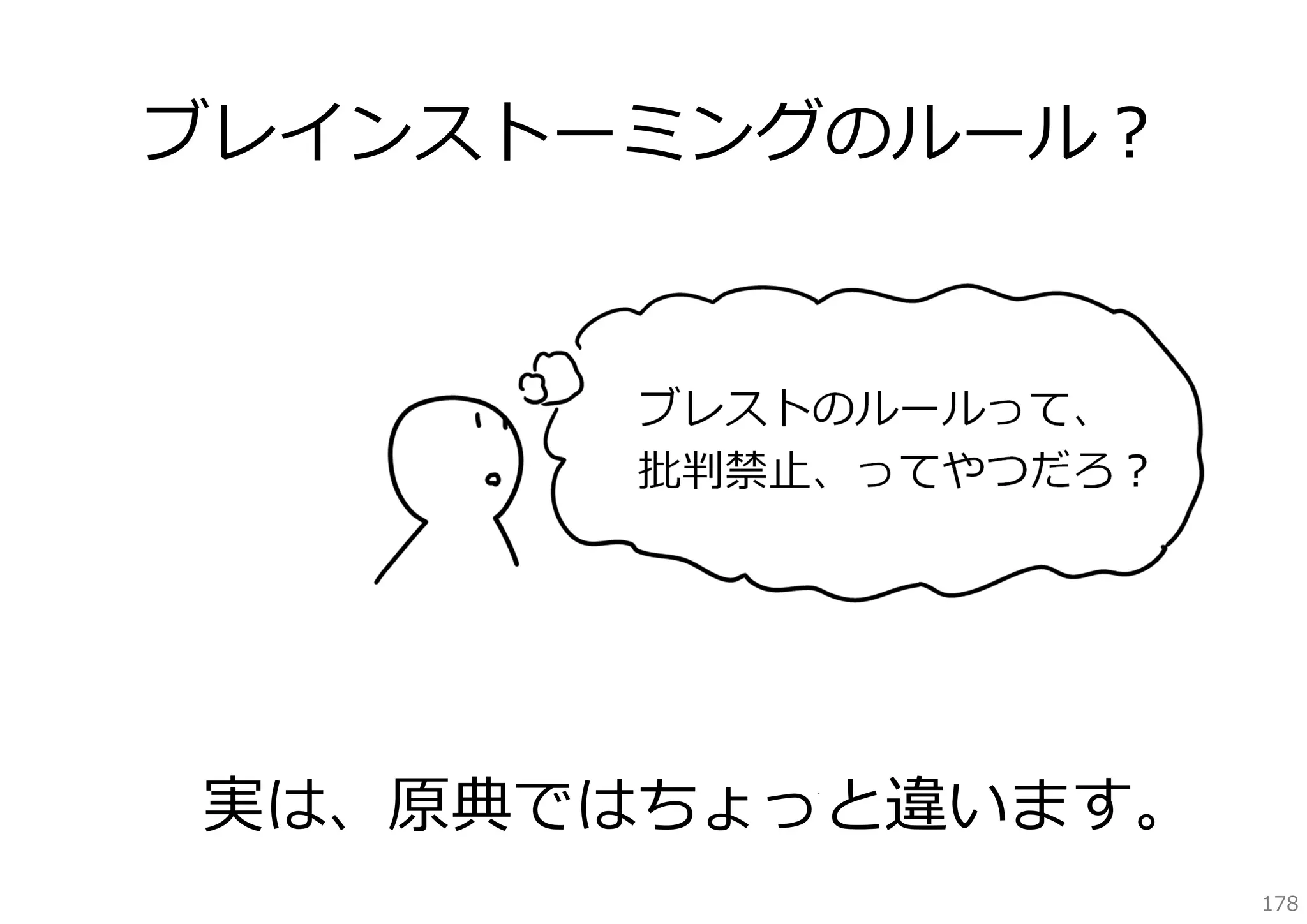 ブレインストーミングのルール？

ブレストのルールって、
批判禁⽌、ってやつだろ？

実は、原典ではちょっと違います。
178

 