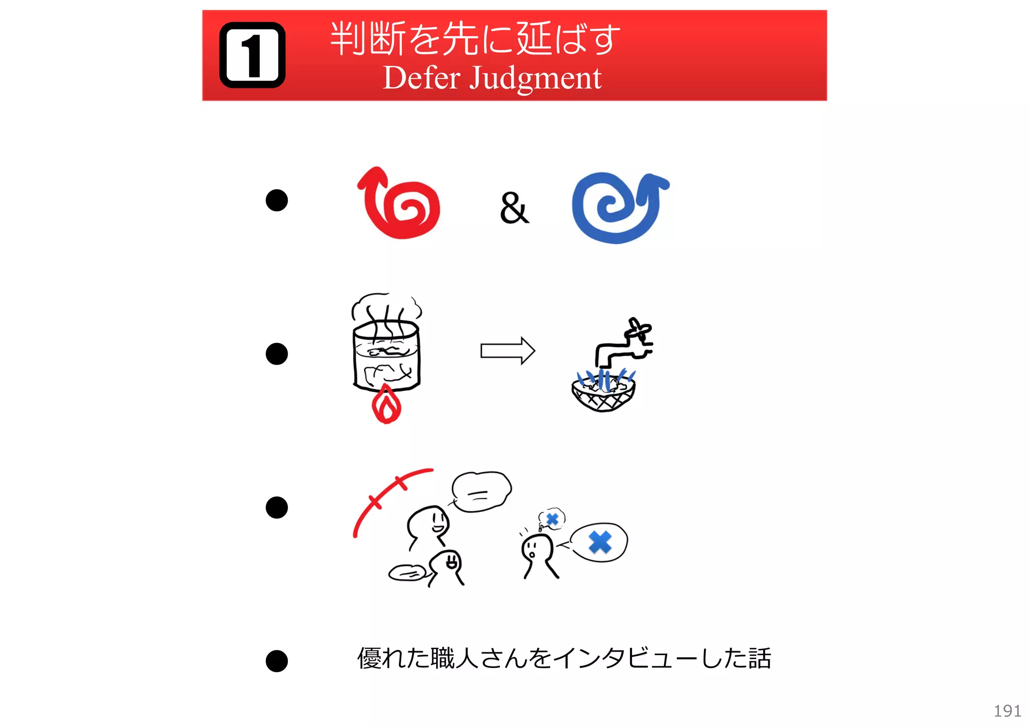 1

判断を先に延ばす
Defer Judgment

●

●

●

●

優れた職⼈さんをインタビューした話
191

 