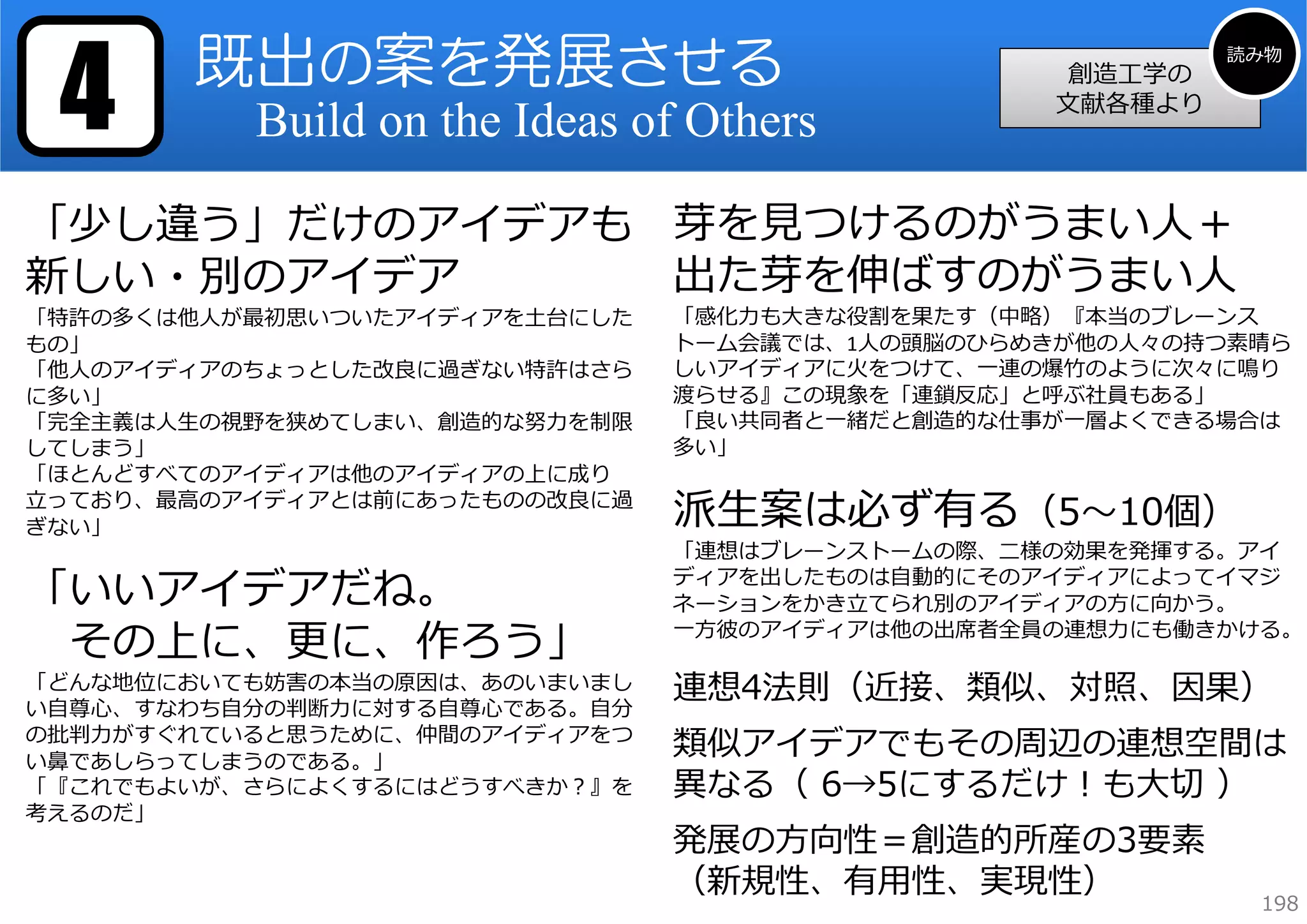 4

既出の案を発展させる
Build on the Ideas of Others

創造⼯学の
⽂献各種より

読み物

「少し違う」だけのアイデアも 芽を⾒つけるのがうまい⼈＋
出た芽を伸ばすのがうまい⼈
新しい・別のアイデア
「特許の多くは他⼈が最初思いついたアイディアを⼟台にした
もの」
「他⼈のアイディアのちょっとした改良に過ぎない特許はさら
に多い」
「完全主義は⼈⽣の視野を狭めてしまい、創造的な努⼒を制限
してしまう」
「ほとんどすべてのアイディアは他のアイディアの上に成り
⽴っており、最⾼のアイディアとは前にあったものの改良に過
ぎない」

「いいアイデアだね。
その上に、更に、作ろう」

「どんな地位においても妨害の本当の原因は、あのいまいまし
い⾃尊⼼、すなわち⾃分の判断⼒に対する⾃尊⼼である。⾃分
の批判⼒がすぐれていると思うために、仲間のアイディアをつ
い⿐であしらってしまうのである。」
「『これでもよいが、さらによくするにはどうすべきか？』を
考えるのだ」

「感化⼒も⼤きな役割を果たす（中略）『本当のブレーンス
トーム会議では、1⼈の頭脳のひらめきが他の⼈々の持つ素晴ら
しいアイディアに⽕をつけて、⼀連の爆⽵のように次々に鳴り
渡らせる』この現象を「連鎖反応」と呼ぶ社員もある」
「良い共同者と⼀緒だと創造的な仕事が⼀層よくできる場合は
多い」

派⽣案は必ず有る（5〜10個）

「連想はブレーンストームの際、⼆様の効果を発揮する。アイ
ディアを出したものは⾃動的にそのアイディアによってイマジ
ネーションをかき⽴てられ別のアイディアの⽅に向かう。
⼀⽅彼のアイディアは他の出席者全員の連想⼒にも働きかける。

連想4法則（近接、類似、対照、因果）
類似アイデアでもその周辺の連想空間は
異なる（ 6→5にするだけ！も⼤切 ）
発展の⽅向性＝創造的所産の3要素
（新規性、有⽤性、実現性）

198

 