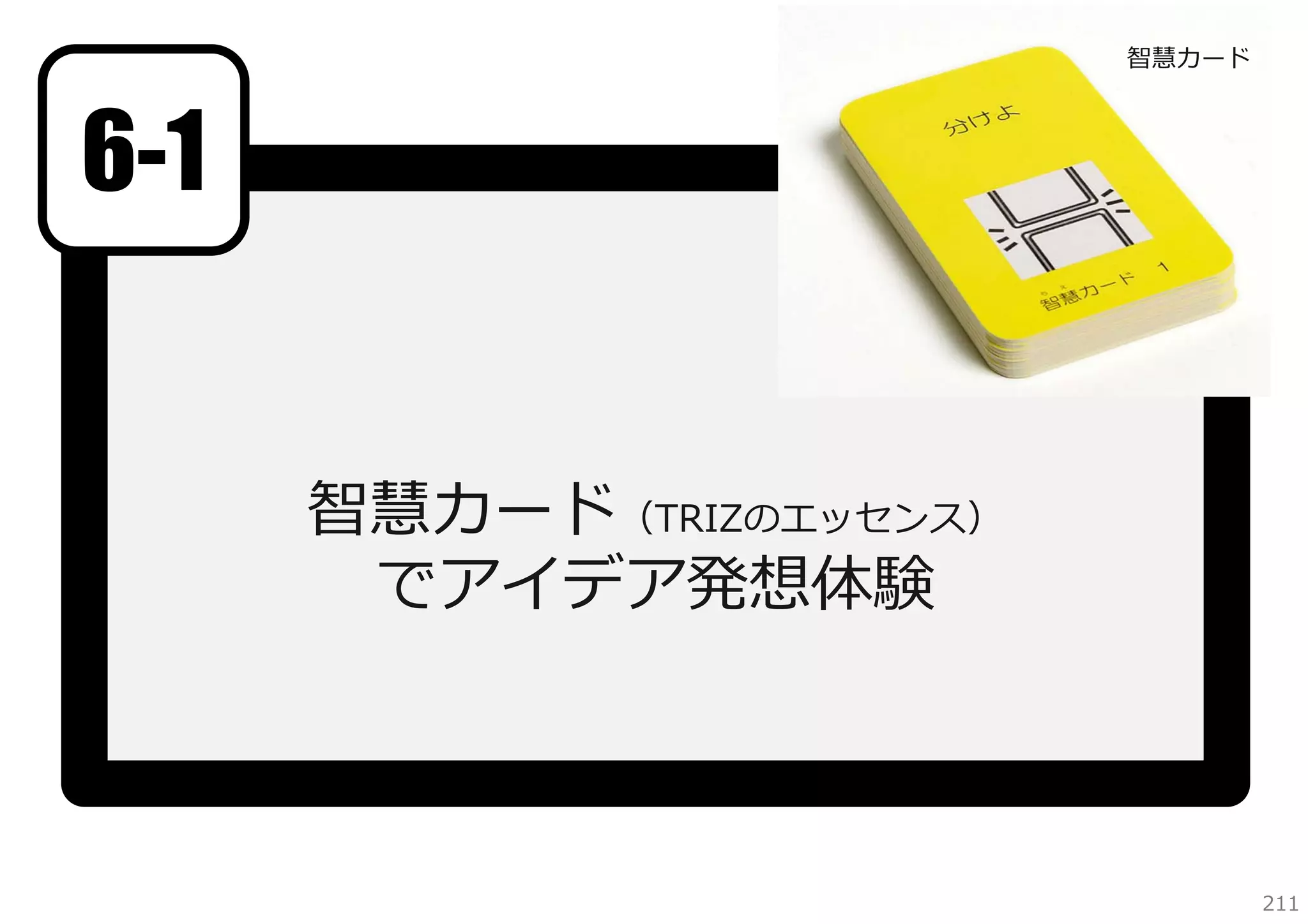 智慧カード

6-1
智慧カード（TRIZのエッセンス）
でアイデア発想体験

211

 