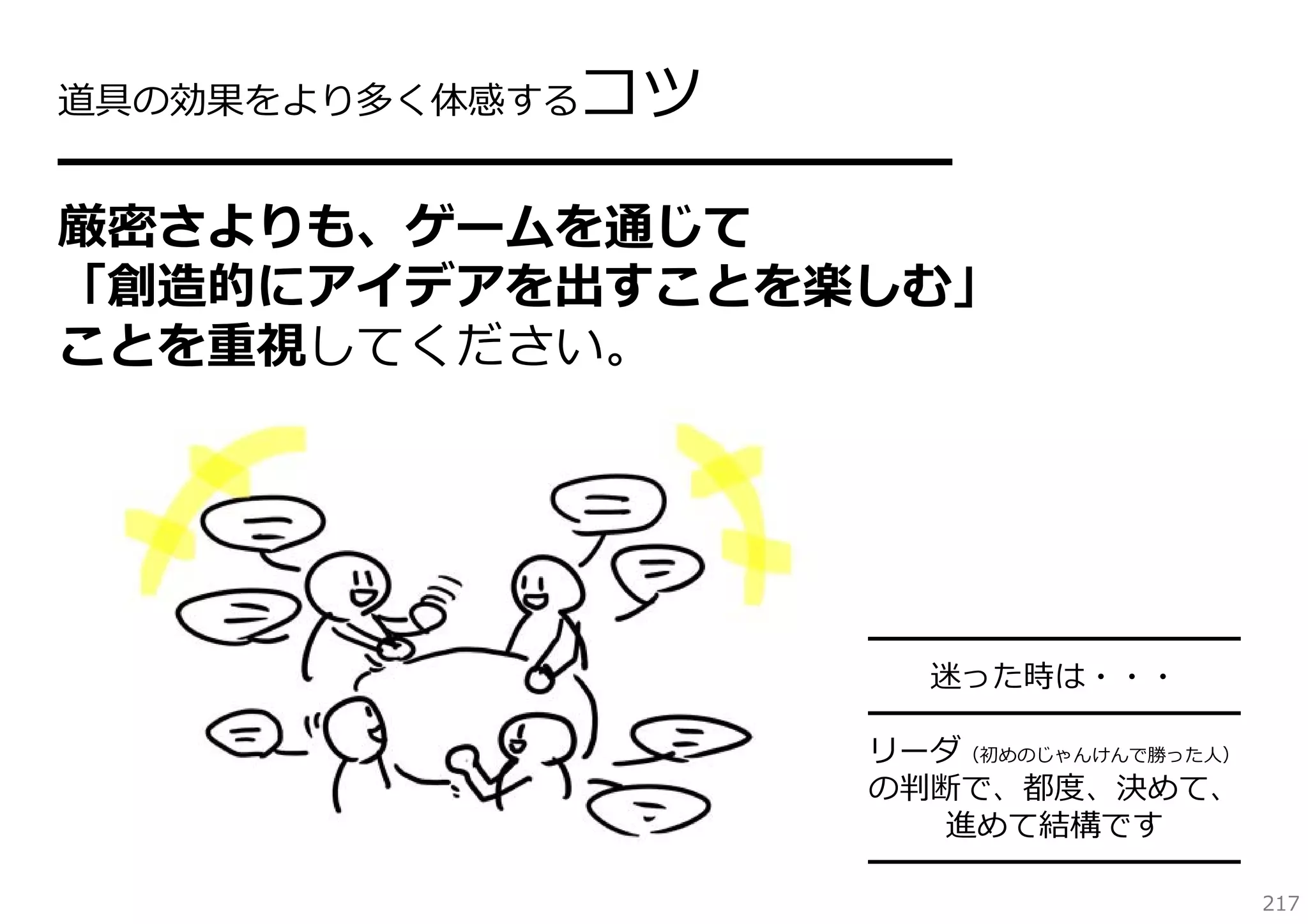 コツ

道具の効果をより多く体感する

━━━━━━━━━━━━━━━━

厳密さよりも、ゲームを通じて
「創造的にアイデアを出すことを楽しむ」
ことを重視してください。

━━━━━━━━━━━━
迷った時は・・・
━━━━━━━━━━━━
リーダ（初めのじゃんけんで勝った⼈）
の判断で、都度、決めて、
進めて結構です
━━━━━━━━━━━━
217

 