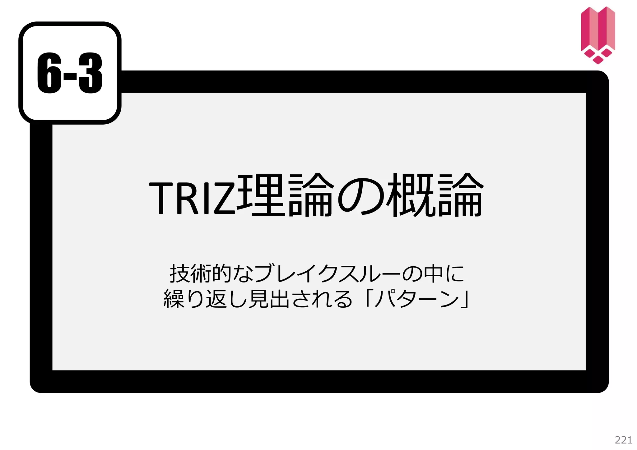 6-3
TRIZ理論の概論
技術的なブレイクスルーの中に
繰り返し⾒出される「パターン」

221

 