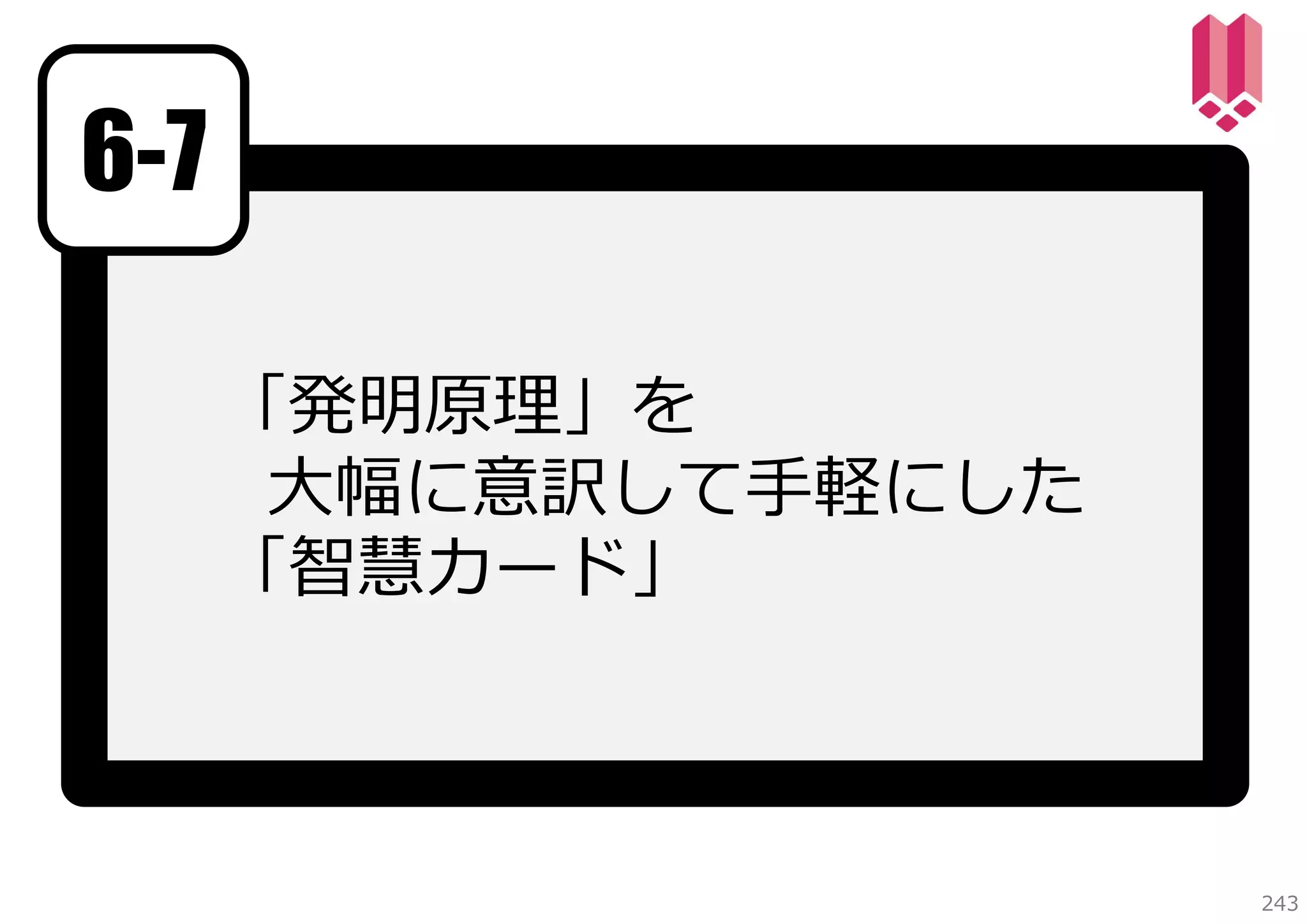 6-7
「発明原理」を
⼤幅に意訳して⼿軽にした
「智慧カード」

243

 