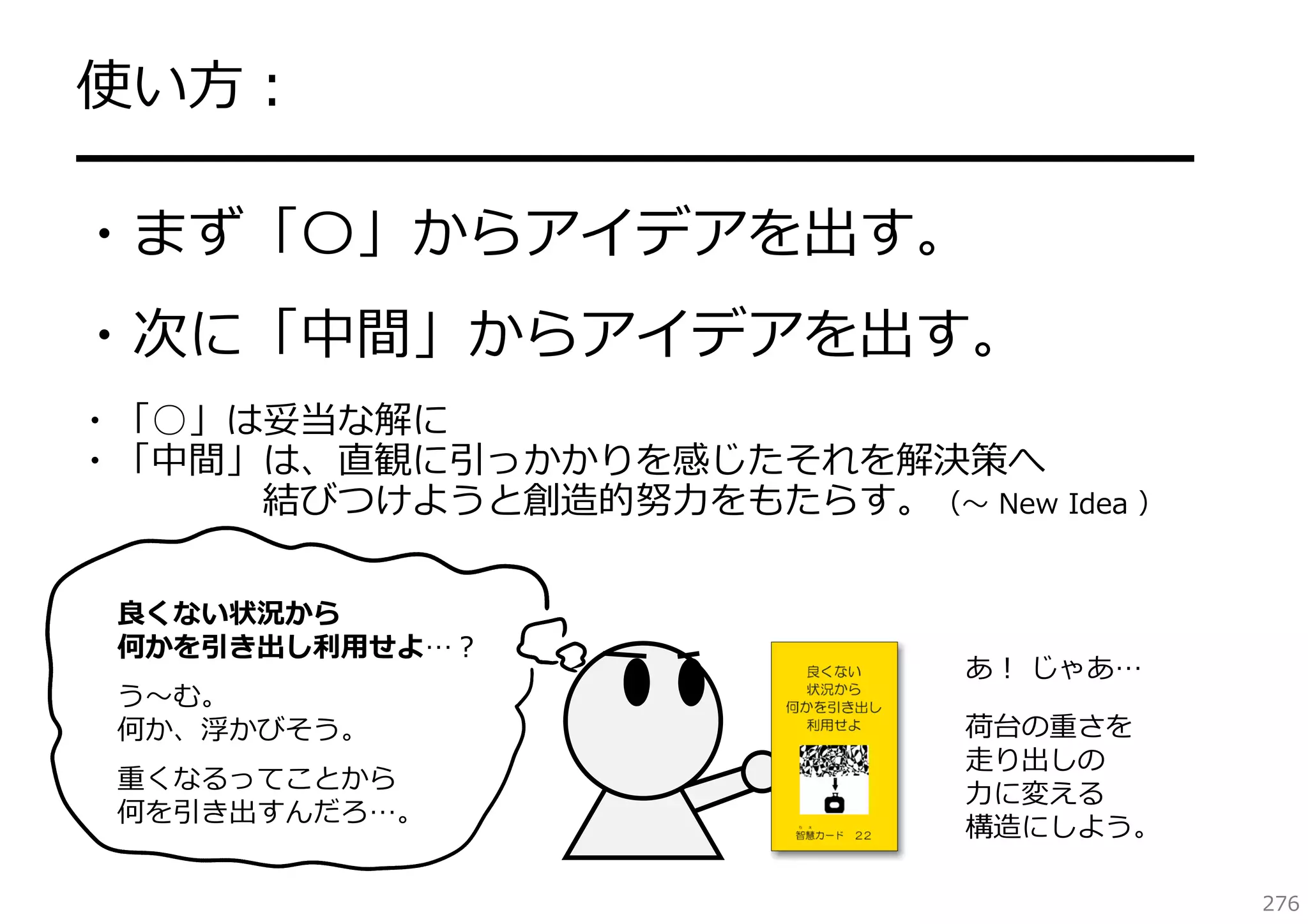 使い⽅：
━━━━━━━━━━━━━━━━━━━━
・まず「〇」からアイデアを出す。
・次に「中間」からアイデアを出す。
・「○」は妥当な解に
・「中間」は、直観に引っかかりを感じたそれを解決策へ
結びつけようと創造的努⼒をもたらす。（〜 New Idea ）
良くない状況から
何かを引き出し利⽤せよ…？
う〜む。
何か、浮かびそう。
重くなるってことから
何を引き出すんだろ…。

あ！ じゃあ…
荷台の重さを
⾛り出しの
⼒に変える
構造にしよう。
276

 
