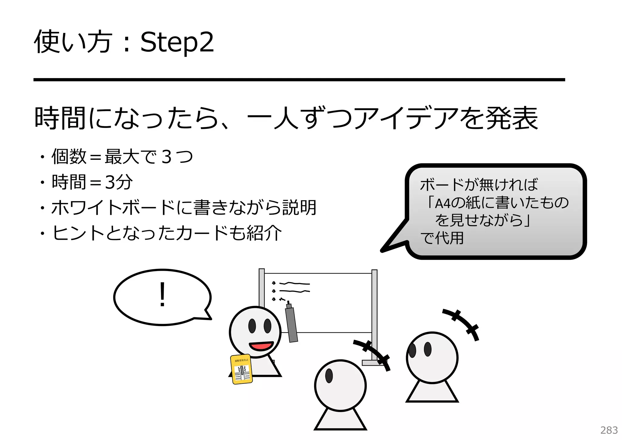 使い⽅：Step2
━━━━━━━━━━━━━━━━━━━━
時間になったら、⼀⼈ずつアイデアを発表
・個数＝最⼤で３つ
・時間＝3分
・ホワイトボードに書きながら説明
・ヒントとなったカードも紹介

ボードが無ければ
「A4の紙に書いたもの
を⾒せながら」
で代⽤

！

283

 
