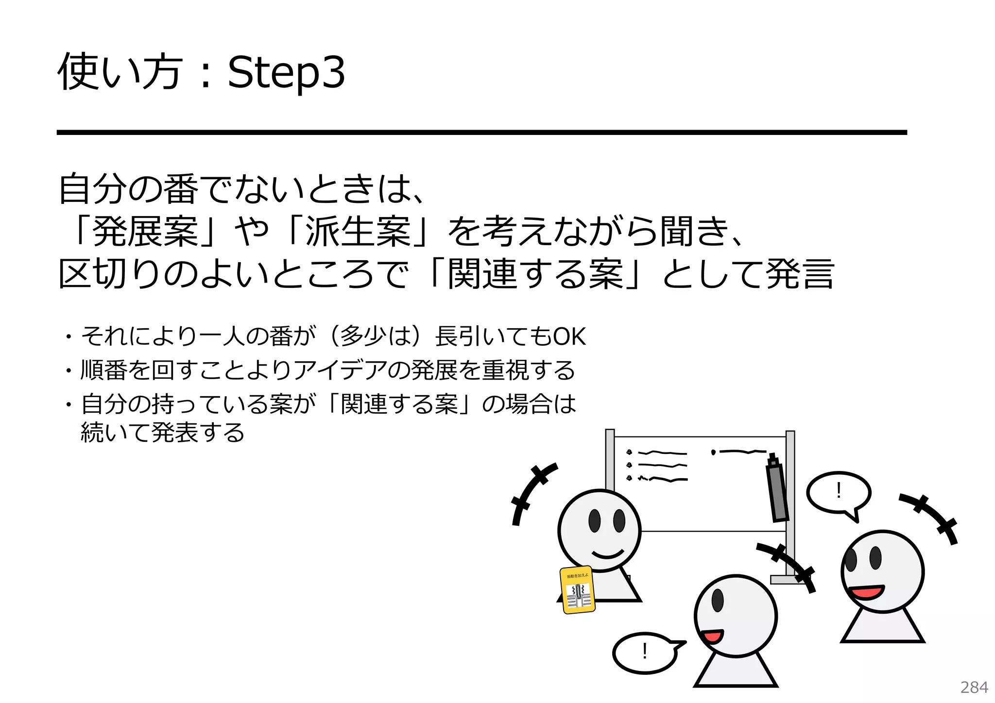 使い⽅：Step3
━━━━━━━━━━━━━━━━━━━━
⾃分の番でないときは、
「発展案」や「派⽣案」を考えながら聞き、
区切りのよいところで「関連する案」として発⾔
・それにより⼀⼈の番が（多少は）⻑引いてもOK
・順番を回すことよりアイデアの発展を重視する
・⾃分の持っている案が「関連する案」の場合は
続いて発表する
！

！
284

 