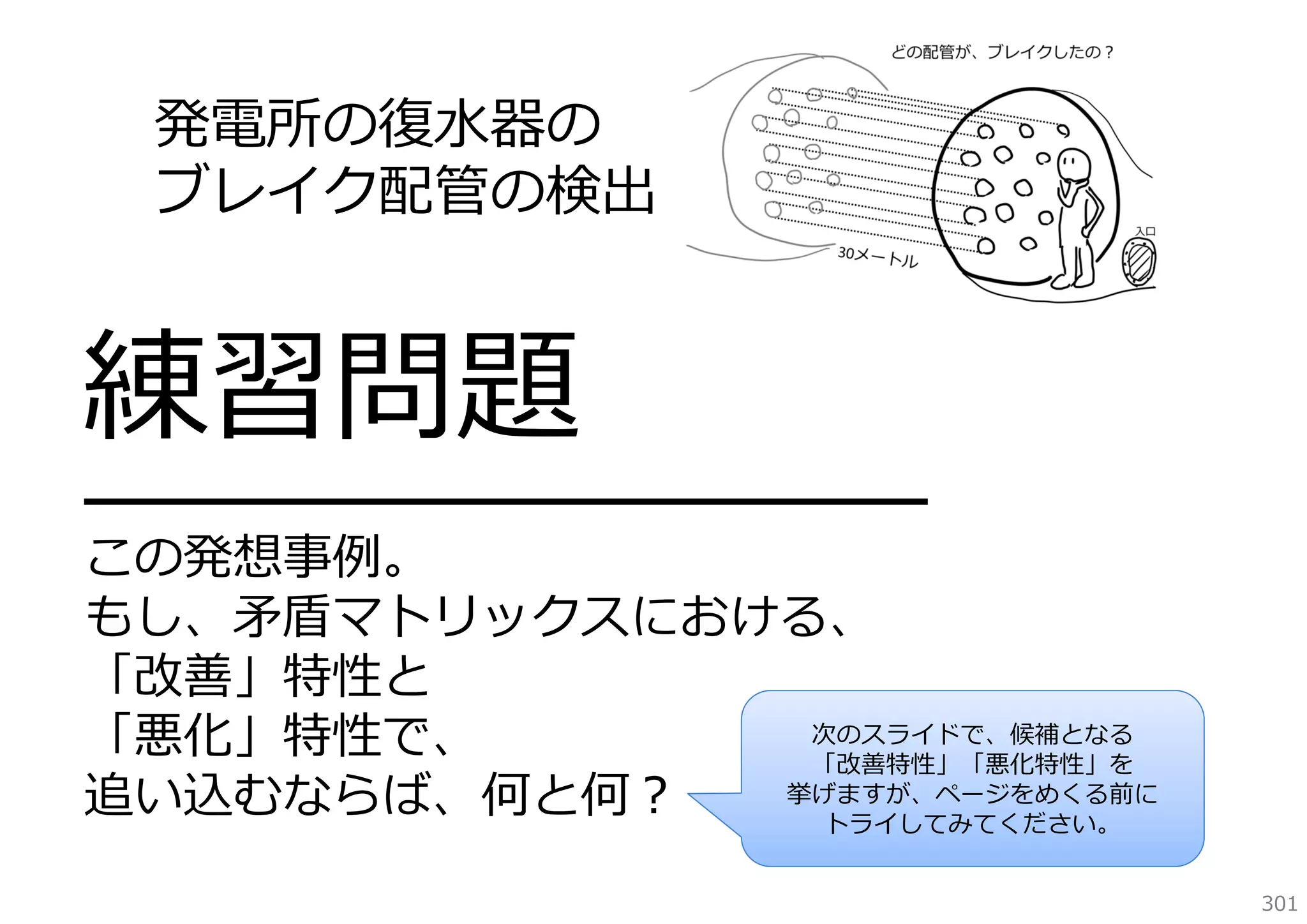 発電所の復⽔器の
ブレイク配管の検出

練習問題

━━━━━━━━━━━━━━━━━
この発想事例。
もし、⽭盾マトリックスにおける、
「改善」特性と
次のスライドで、候補となる
「悪化」特性で、
「改善特性」「悪化特性」を
挙げますが、ページをめくる前に
追い込むならば、何と何？
トライしてみてください。
301

 