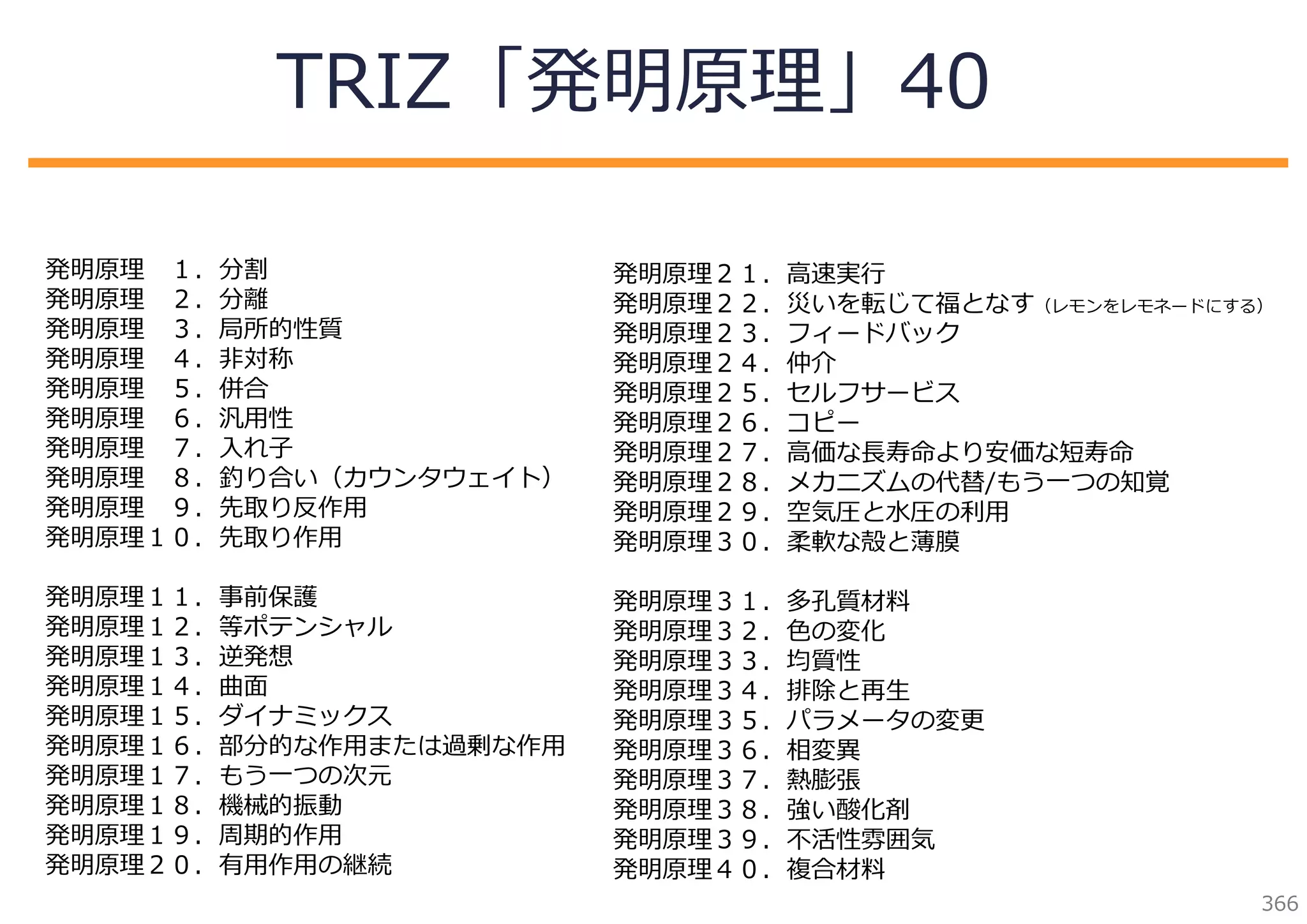 TRIZ「発明原理」40
発明原理 １．分割
発明原理 ２．分離
発明原理 ３．局所的性質
発明原理 ４．⾮対称
発明原理 ５．併合
発明原理 ６．汎⽤性
発明原理 ７．⼊れ⼦
発明原理 ８．釣り合い（カウンタウェイト）
発明原理 ９．先取り反作⽤
発明原理１０．先取り作⽤

発明原理２１．⾼速実⾏
発明原理２２．災いを転じて福となす（レモンをレモネードにする）
発明原理２３．フィードバック
発明原理２４．仲介
発明原理２５．セルフサービス
発明原理２６．コピー
発明原理２７．⾼価な⻑寿命より安価な短寿命
発明原理２８．メカニズムの代替/もう⼀つの知覚
発明原理２９．空気圧と⽔圧の利⽤
発明原理３０．柔軟な殻と薄膜

発明原理１１．事前保護
発明原理１２．等ポテンシャル
発明原理１３．逆発想
発明原理１４．曲⾯
発明原理１５．ダイナミックス
発明原理１６．部分的な作⽤または過剰な作⽤
発明原理１７．もう⼀つの次元
発明原理１８．機械的振動
発明原理１９．周期的作⽤
発明原理２０．有⽤作⽤の継続

発明原理３１．多孔質材料
発明原理３２．⾊の変化
発明原理３３．均質性
発明原理３４．排除と再⽣
発明原理３５．パラメータの変更
発明原理３６．相変異
発明原理３７．熱膨張
発明原理３８．強い酸化剤
発明原理３９．不活性雰囲気
発明原理４０．複合材料
366

 