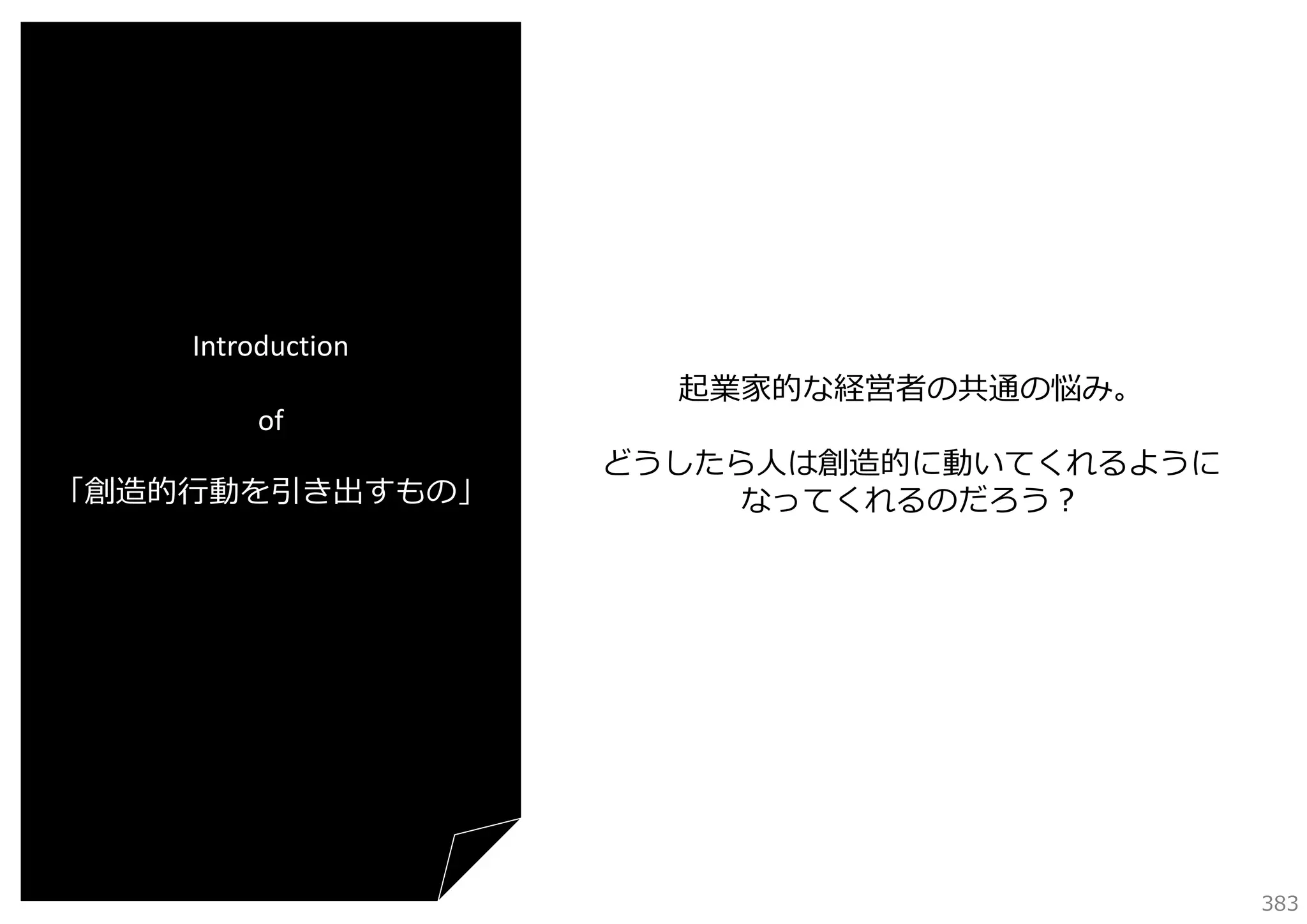 Introduction
of
「創造的⾏動を引き出すもの」

起業家的な経営者の共通の悩み。
どうしたら⼈は創造的に動いてくれるように
なってくれるのだろう？

383

 