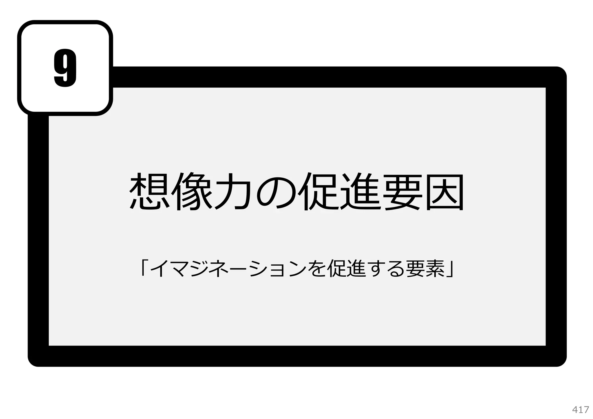 9
想像⼒の促進要因
「イマジネーションを促進する要素」

417

 