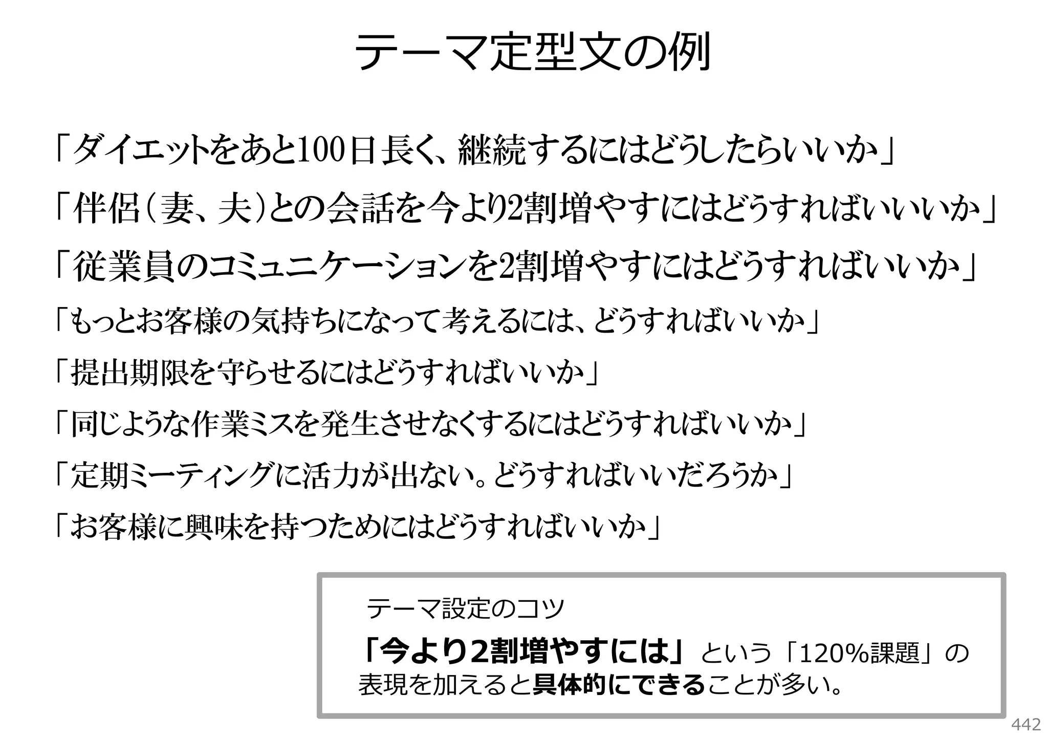 テーマ定型⽂の例
「ダイエットをあと100日長く、継続するにはどうしたらいいか」
「伴侶（妻、夫）との会話を今より2割増やすにはどうすればいいいか」
「従業員のコミュニケーションを2割増やすにはどうすればいいか」
「もっとお客様の気持ちになって考えるには、どうすればいいか」
「提出期限を守らせるにはどうすればいいか」
「同じような作業ミスを発生させなくするにはどうすればいいか」
「定期ミーティングに活力が出ない。どうすればいいだろうか」
「お客様に興味を持つためにはどうすればいいか」
テーマ設定のコツ

「今より2割増やすには」という「120%課題」の
表現を加えると具体的にできることが多い。

442

 