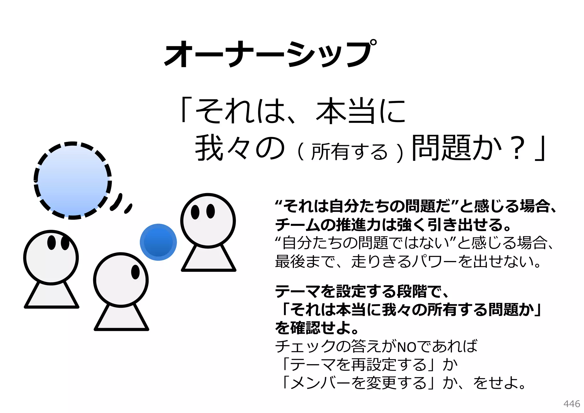 オーナーシップ
「それは、本当に
我々の（ 所有する ) 問題か？」
“それは⾃分たちの問題だ”と感じる場合、
チームの推進⼒は強く引き出せる。
“⾃分たちの問題ではない”と感じる場合、
最後まで、⾛りきるパワーを出せない。
テーマを設定する段階で、
「それは本当に我々の所有する問題か」
を確認せよ。
チェックの答えがNOであれば
「テーマを再設定する」か
「メンバーを変更する」か、をせよ。
446

 