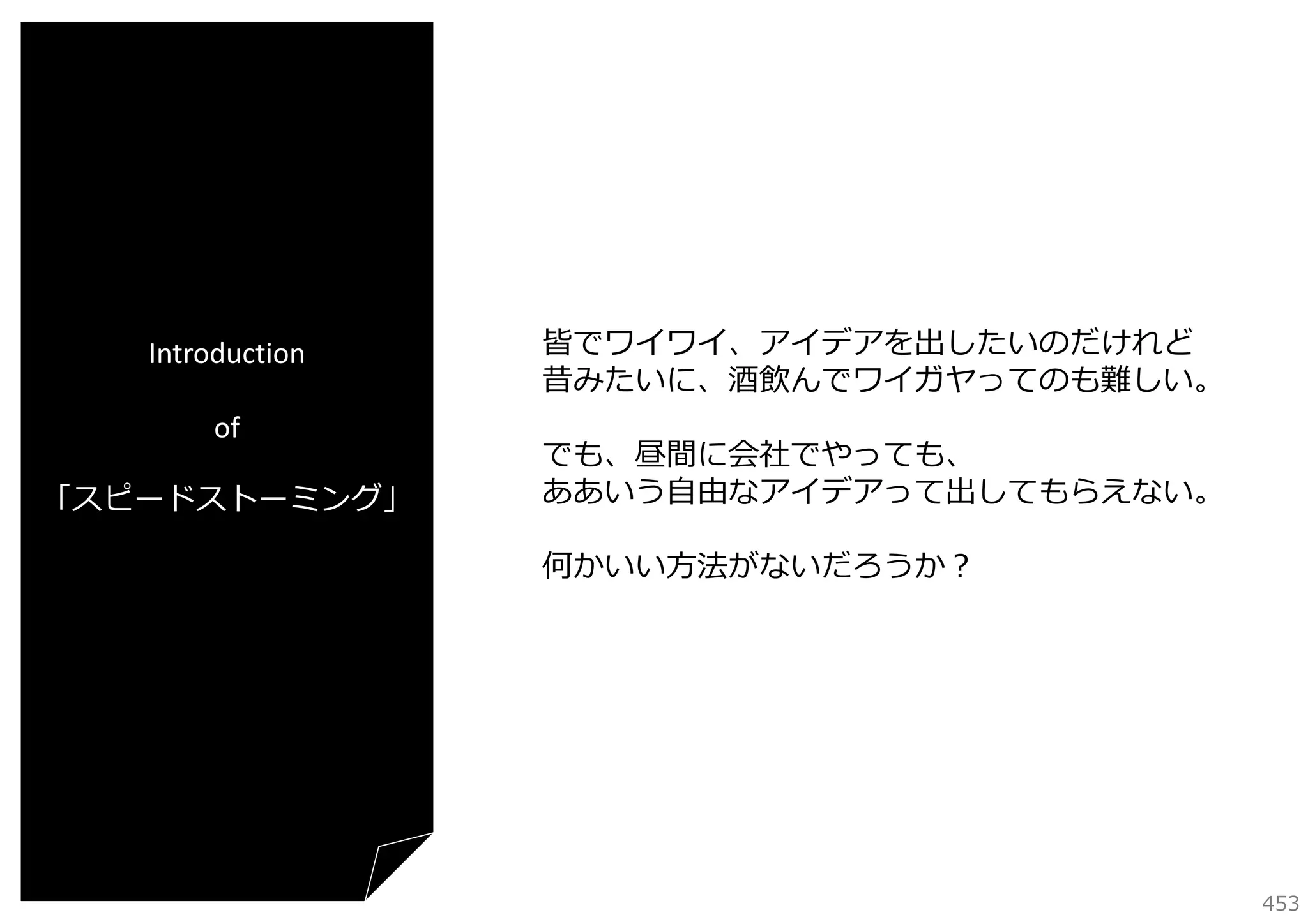 Introduction
of
「スピードストーミング」

皆でワイワイ、アイデアを出したいのだけれど
昔みたいに、酒飲んでワイガヤってのも難しい。
でも、昼間に会社でやっても、
ああいう⾃由なアイデアって出してもらえない。
何かいい⽅法がないだろうか？

453

 