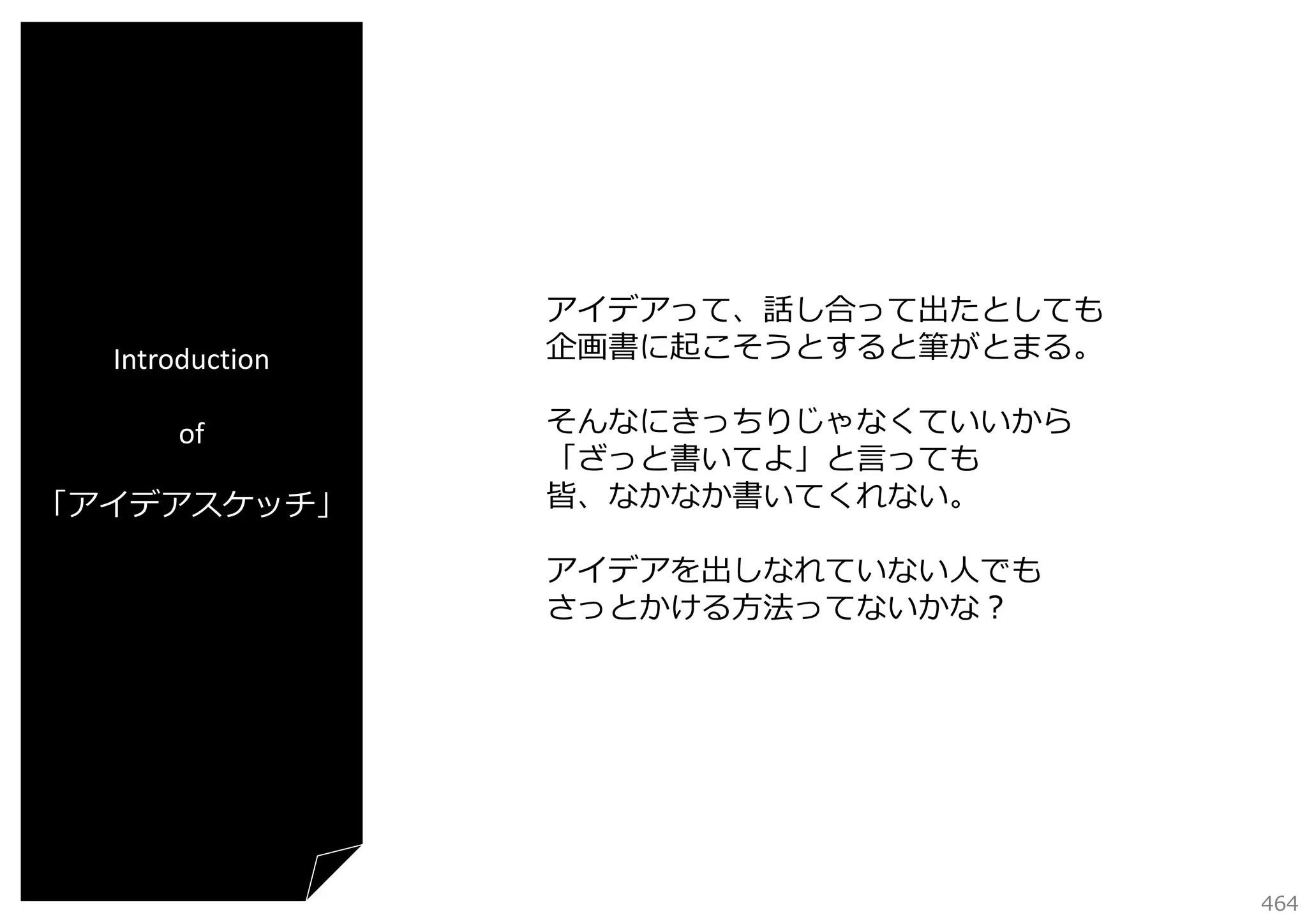 Introduction
of
「アイデアスケッチ」

アイデアって、話し合って出たとしても
企画書に起こそうとすると筆がとまる。
そんなにきっちりじゃなくていいから
「ざっと書いてよ」と⾔っても
皆、なかなか書いてくれない。
アイデアを出しなれていない⼈でも
さっとかける⽅法ってないかな？

464

 