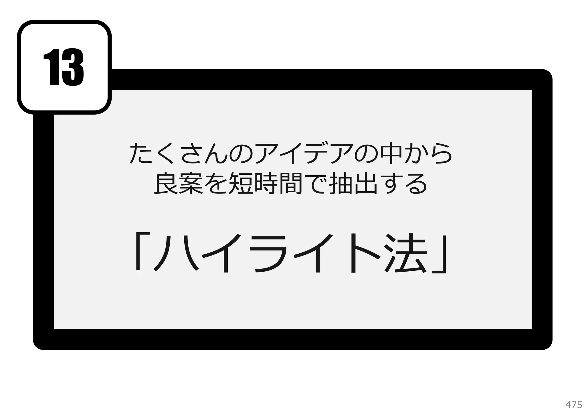 13
たくさんのアイデアの中から
良案を短時間で抽出する

「ハイライト法」
475

 