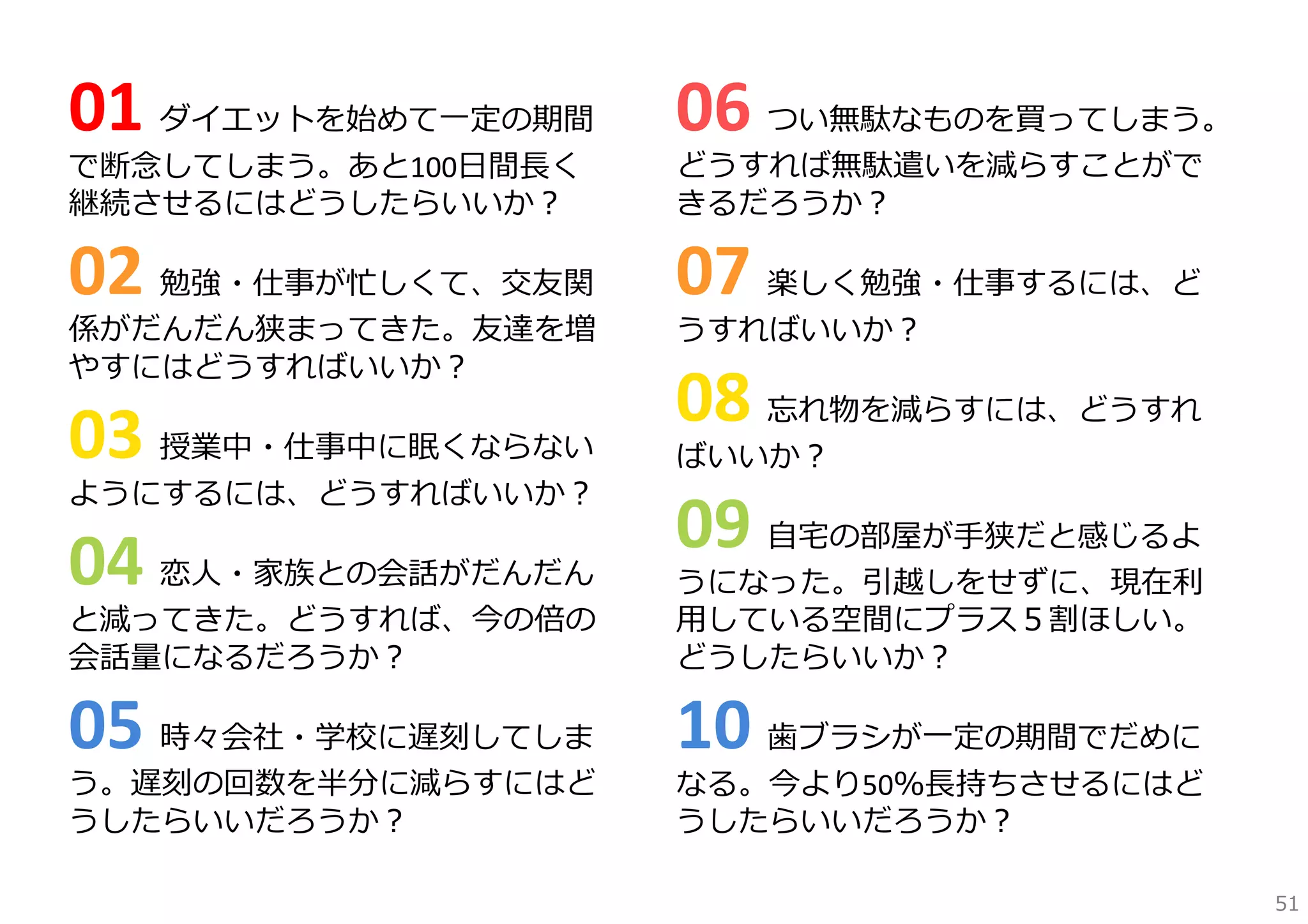 01 ダイエットを始めて⼀定の期間

06 つい無駄なものを買ってしまう。

02 勉強・仕事が忙しくて、交友関

07 楽しく勉強・仕事するには、ど

03 授業中・仕事中に眠くならない

08 忘れ物を減らすには、どうすれ

で断念してしまう。あと100⽇間⻑く
継続させるにはどうしたらいいか？

係がだんだん狭まってきた。友達を増
やすにはどうすればいいか？

ようにするには、どうすればいいか？

04 恋⼈・家族との会話がだんだん

どうすれば無駄遣いを減らすことがで
きるだろうか？

うすればいいか？

ばいいか？

09 ⾃宅の部屋が⼿狭だと感じるよ

と減ってきた。どうすれば、今の倍の
会話量になるだろうか？

うになった。引越しをせずに、現在利
⽤している空間にプラス５割ほしい。
どうしたらいいか？

05 時々会社・学校に遅刻してしま

10 ⻭ブラシが⼀定の期間でだめに

う。遅刻の回数を半分に減らすにはど
うしたらいいだろうか？

なる。今より50％⻑持ちさせるにはど
うしたらいいだろうか？
51

 
