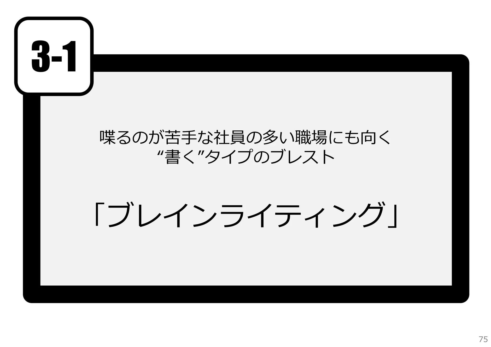 3-1
喋るのが苦⼿な社員の多い職場にも向く
“書く”タイプのブレスト

「ブレインライティング」

75

 