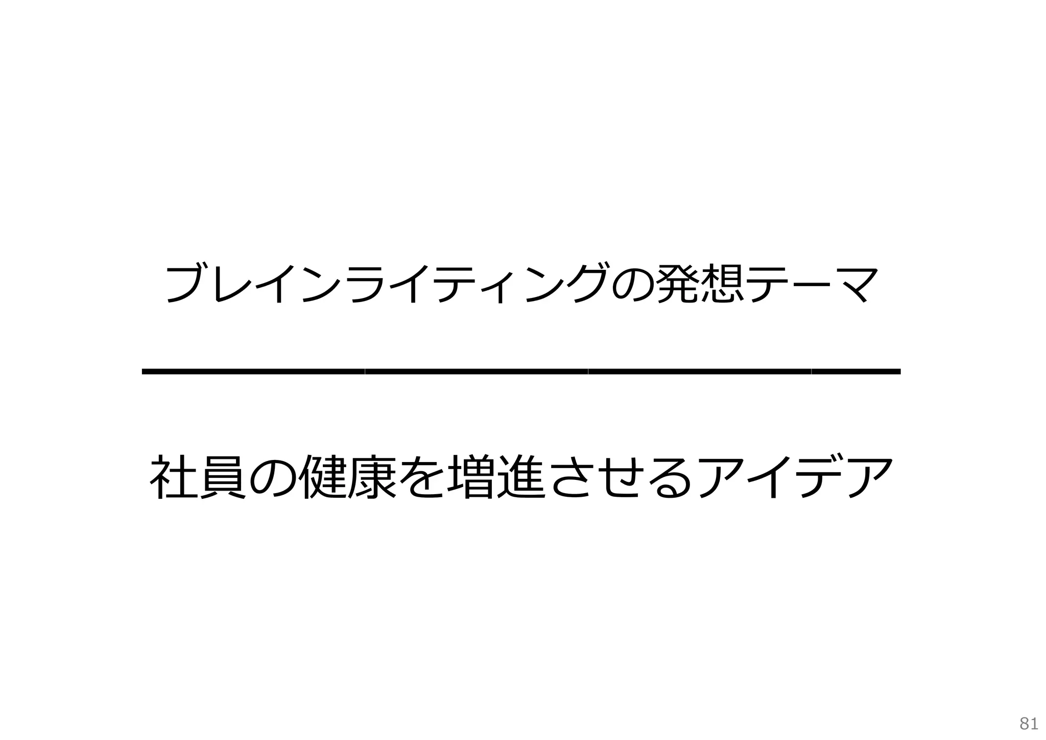 ブレインライティングの発想テーマ
━━━━━━━━━━━━━━━━━

社員の健康を増進させるアイデア

81

 