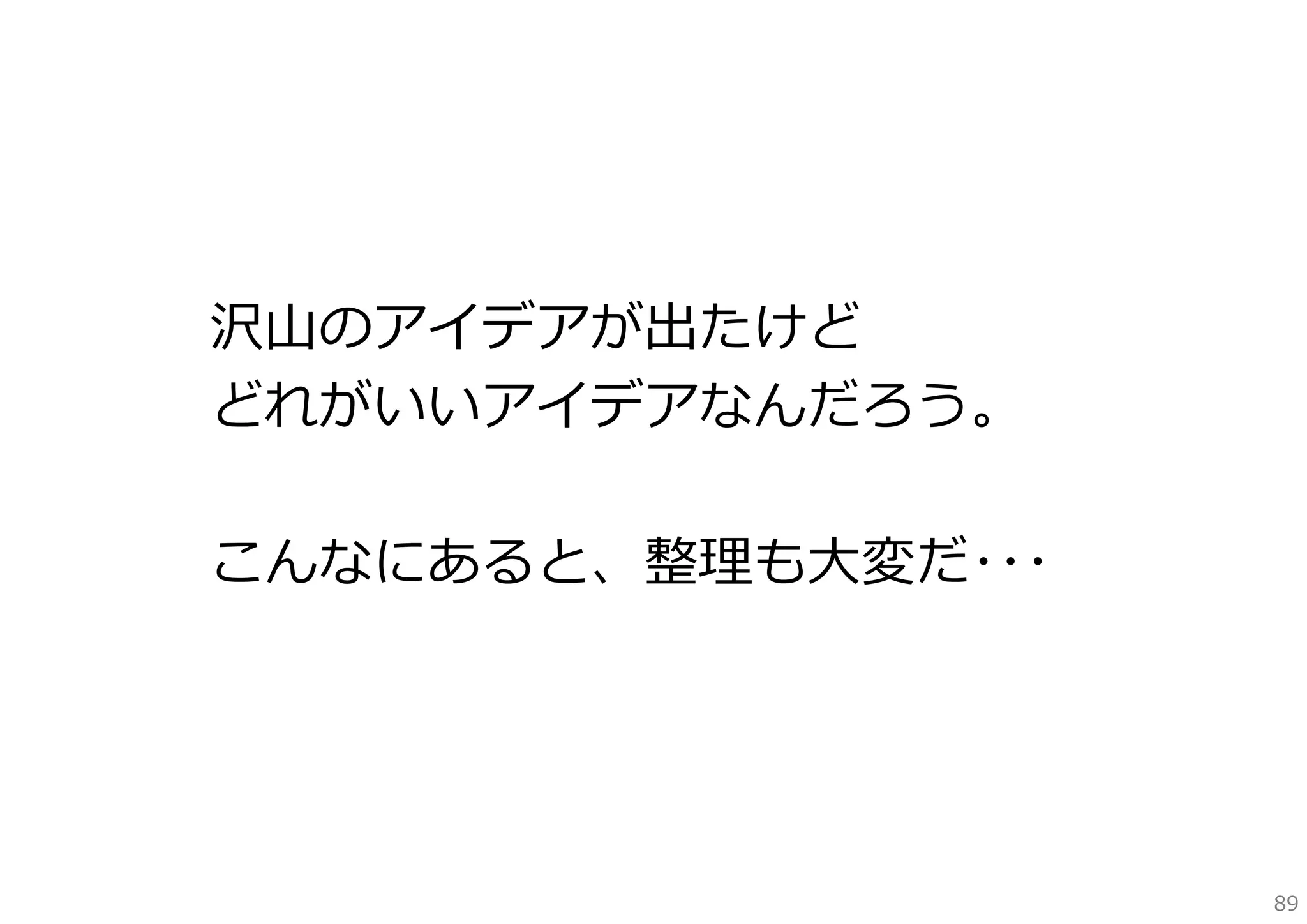 沢⼭のアイデアが出たけど
どれがいいアイデアなんだろう。
こんなにあると、整理も⼤変だ･･･

89

 