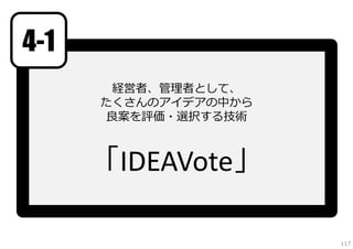 4-1
経営者、管理者として、
たくさんのアイデアの中から
良案を評価・選択する技術

「IDEAVote」
117

 