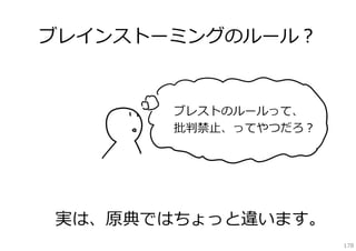 ブレインストーミングのルール？

ブレストのルールって、
批判禁⽌、ってやつだろ？

実は、原典ではちょっと違います。
178

 