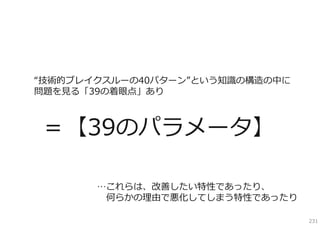 “技術的ブレイクスルーの40パターン”という知識の構造の中に
問題を⾒る「39の着眼点」あり

＝【39のパラメータ】
…これらは、改善したい特性であったり、
何らかの理由で悪化してしまう特性であったり
231

 