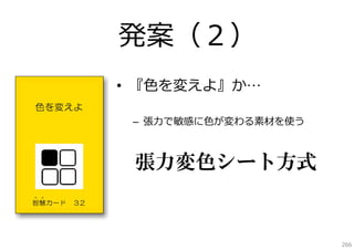 発案（２）
• 『⾊を変えよ』か…
– 張⼒で敏感に⾊が変わる素材を使う

張力変色シート方式

266

 