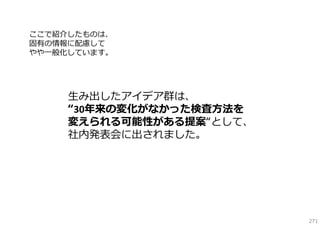 ここで紹介したものは、
固有の情報に配慮して
やや⼀般化しています。

⽣み出したアイデア群は、
“30年来の変化がなかった検査⽅法を
変えられる可能性がある提案“として、
社内発表会に出されました。

271

 