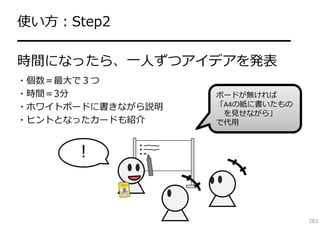 使い⽅：Step2
━━━━━━━━━━━━━━━━━━━━
時間になったら、⼀⼈ずつアイデアを発表
・個数＝最⼤で３つ
・時間＝3分
・ホワイトボードに書きながら説明
・ヒントとなったカードも紹介

ボードが無ければ
「A4の紙に書いたもの
を⾒せながら」
で代⽤

！

283

 