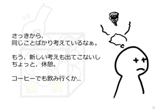 さっきから、
同じことばかり考えているなぁ。
もう、新しい考えも出てこないし
ちょっと、休憩。
コーヒーでも飲み⾏くか…

31

 