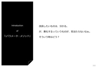 Introduction
of
「1パラメータ・メソッド」

改良したいものは、分かる。
が、悪化するっていうものが、⾒当たらないなぁ。
そういう時はどう？

310

 