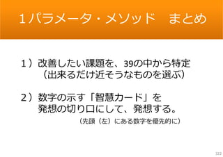 １パラメータ・メソッド

まとめ

１）改善したい課題を、39の中から特定
（出来るだけ近そうなものを選ぶ）
２）数字の⽰す「智慧カード」を
発想の切り⼝にして、発想する。
（先頭（左）にある数字を優先的に）

322

 
