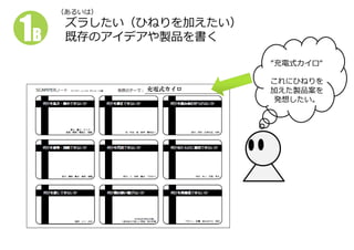 1B

（あるいは）

ズラしたい（ひねりを加えたい）
既存のアイデアや製品を書く
“充電式カイロ“
充電式カイロ

これにひねりを
加えた製品案を
発想したい。

 