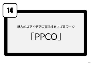 14
魅⼒的なアイデアの実現性を上げるワーク

「PPCO」
489

 