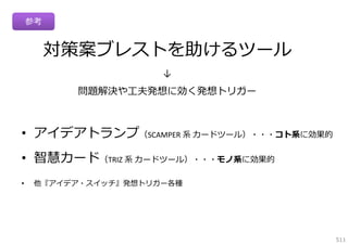 参考

対策案ブレストを助けるツール
↓

問題解決や⼯夫発想に効く発想トリガー

• アイデアトランプ（SCAMPER 系 カードツール）・・・コト系に効果的
• 智慧カード（TRIZ 系 カードツール）・・・モノ系に効果的
•

他『アイデア・スイッチ』発想トリガー各種

511

 