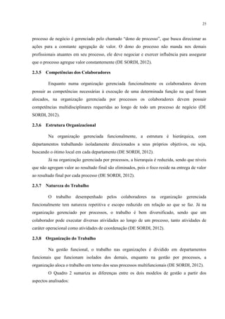 25
processo de negócio é gerenciado pelo chamado “dono de processo”, que busca direcionar as
ações para a constante agregação de valor. O dono do processo não manda nos demais
profissionais atuantes em seu processo, ele deve negociar e exercer influência para assegurar
que o processo agregue valor constantemente (DE SORDI, 2012).
2.3.5 Competências dos Colaboradores
Enquanto numa organização gerenciada funcionalmente os colaboradores devem
possuir as competências necessárias à execução de uma determinada função na qual foram
alocados, na organização gerenciada por processos os colaboradores devem possuir
competências multidisciplinares requeridas ao longo de todo um processo de negócio (DE
SORDI, 2012).
2.3.6 Estrutura Organizacional
Na organização gerenciada funcionalmente, a estrutura é hierárquica, com
departamentos trabalhando isoladamente direcionados a seus próprios objetivos, ou seja,
buscando o ótimo local em cada departamento (DE SORDI, 2012).
Já na organização gerenciada por processos, a hierarquia é reduzida, sendo que níveis
que não agregam valor ao resultado final são eliminados, pois o foco reside na entrega de valor
ao resultado final por cada processo (DE SORDI, 2012).
2.3.7 Natureza do Trabalho
O trabalho desempenhado pelos colaboradores na organização gerenciada
funcionalmente tem natureza repetitiva e escopo reduzido em relação ao que se faz. Já na
organização gerenciado por processos, o trabalho é bem diversificado, sendo que um
colaborador pode executar diversas atividades ao longo de um processo, tanto atividades de
caráter operacional como atividades de coordenação (DE SORDI, 2012).
2.3.8 Organização do Trabalho
Na gestão funcional, o trabalho nas organizações é dividido em departamentos
funcionais que funcionam isolados dos demais, enquanto na gestão por processos, a
organização aloca o trabalho em torno dos seus processos multifuncionais (DE SORDI, 2012).
O Quadro 2 sumariza as diferenças entre os dois modelos de gestão a partir dos
aspectos analisados:
 